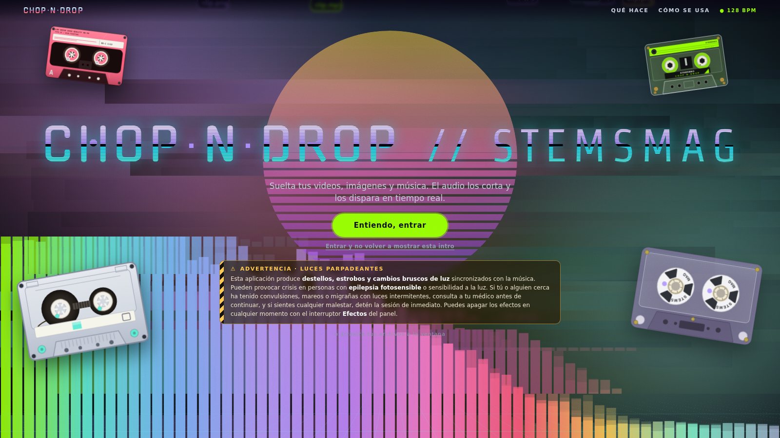 Pantalla de inicio de Chop·n·Drop con casetes flotando y barras de espectro de colores