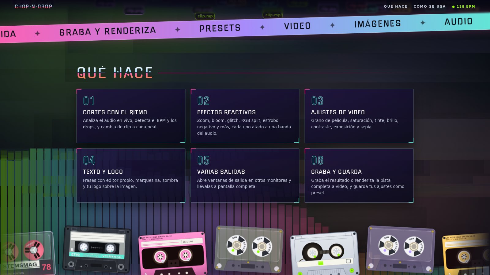 Sección «Qué hace» de Chop·n·Drop con seis tarjetas: cortes con el ritmo, efectos reactivos, ajustes de video, texto y logo, varias salidas, graba y guarda