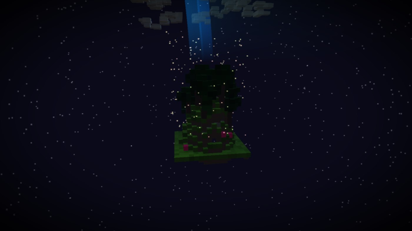 Chunk de bioma jungla en //RELAXTHECHUNK, de noche, con estrellas y rayos de luz atravesando el cielo